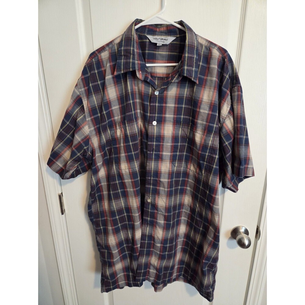 De Vinci Men's 2XLT Blue Red Plaid Short Sleeve Button-Up Shirt with Pockets 113